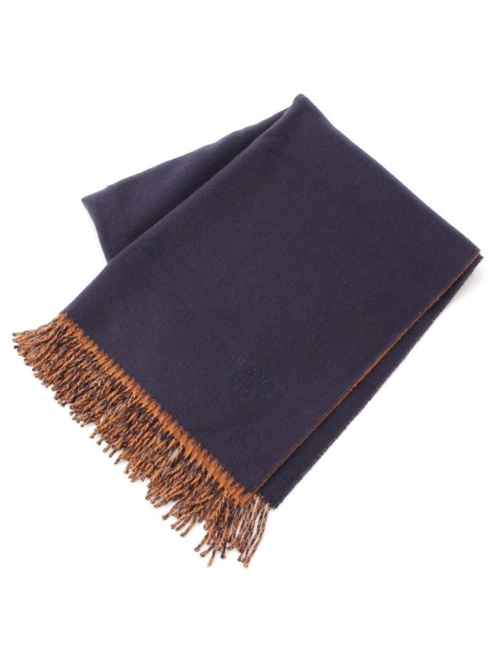 Hermes Cashmere Embroidery Logo Double Face Large Shawl Scarf Navy Brown Orange